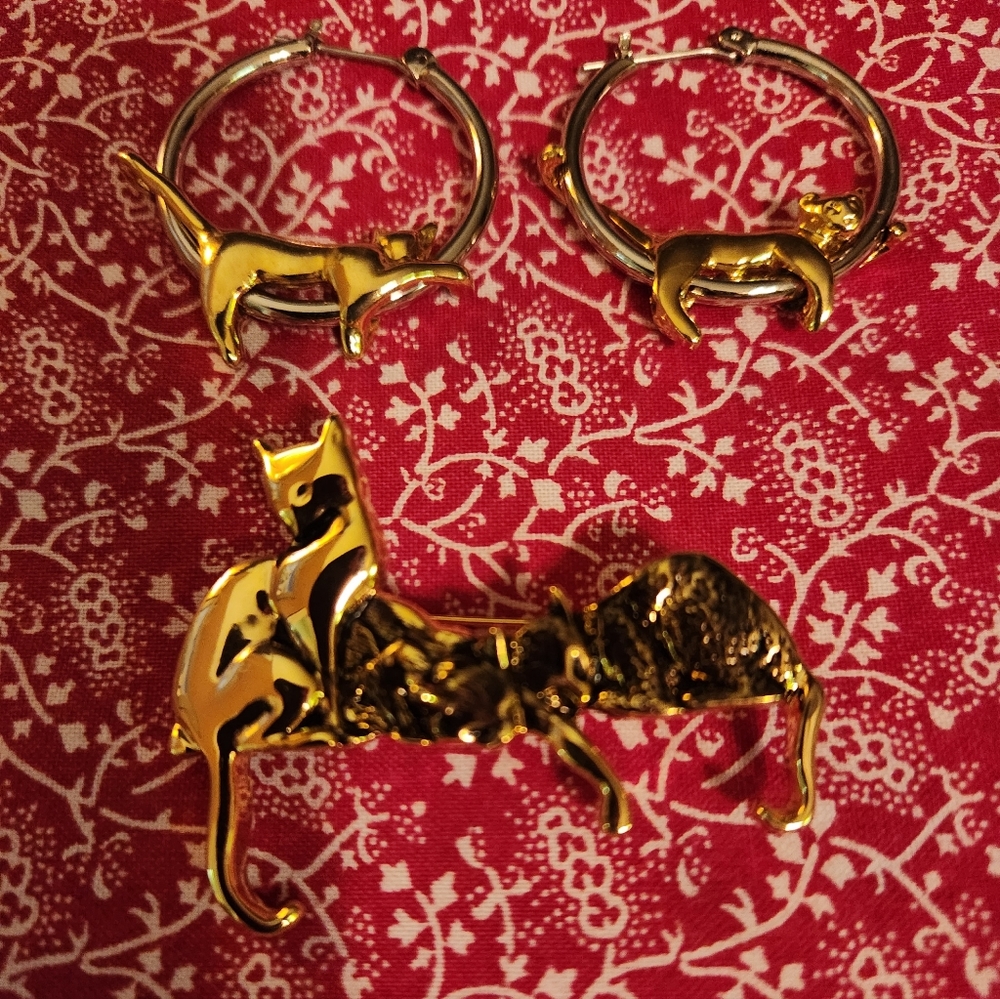 Vintage Cat & Kittens pin and Cats on Hoops Earrings